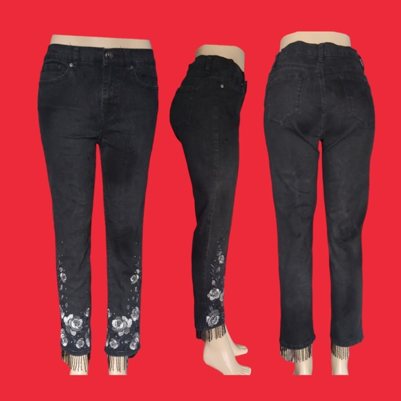 DG2  Diane Black Embellished Beaded Five Pockets Ankle Gorgeous pants Size 8. - Picture 1 of 17